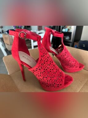 ALDO Red Laser-Cut Suede T-Strap High Heels